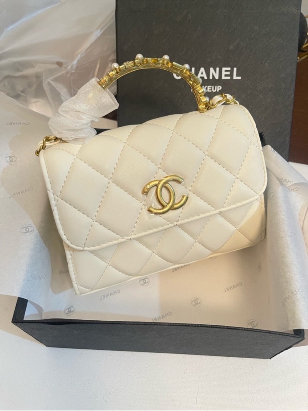 CHANEL Cream Quilted Mini Top-Handle Bag with Gold Hardware